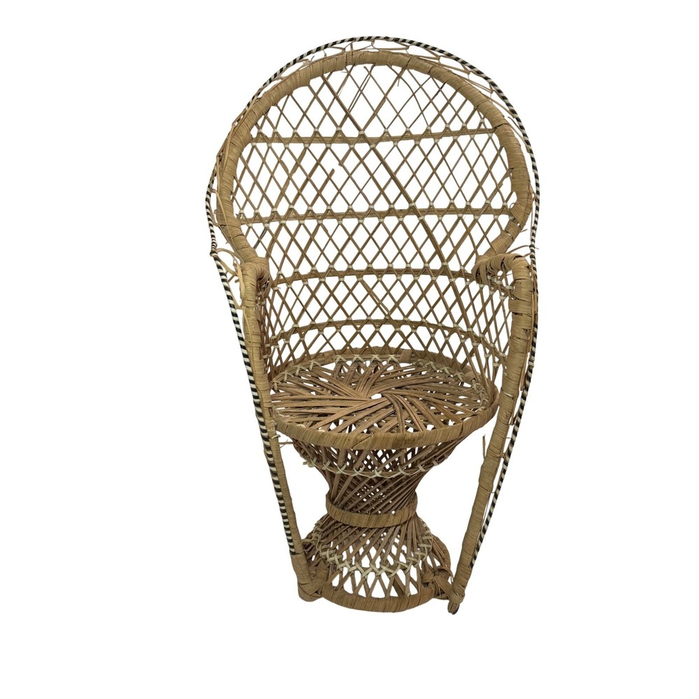 Vintage Miniature Peacock Chair Woven Rattan Wicker Boho plant stand 16in